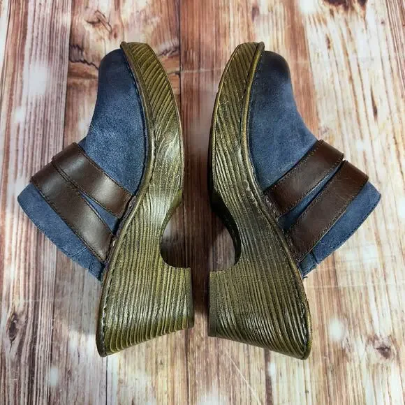 Born Sz 7 Blue Suede Leather Buckle Slide On Chunky Block Heel Clogs Mules Shoes - Picture 6 of 11